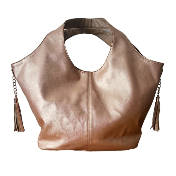 New York & Company Rose Gold Tasseled Large Hobo Tote Bag - Picture 1 of 7